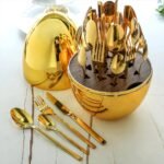Juego De Cubiertos 24Pcs Acero Inoxidable Estuche Huevo Color Dorado - Image 3