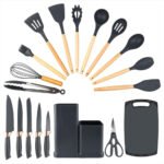 Juego De Cucharones Cocina, Cuchillos, Tabla, Tijera 21 Pzas Gris
