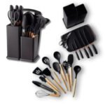 Utensilios De Cocina De Silicona + Cuchillos +Tabla De Picar 19 Piezas Negro